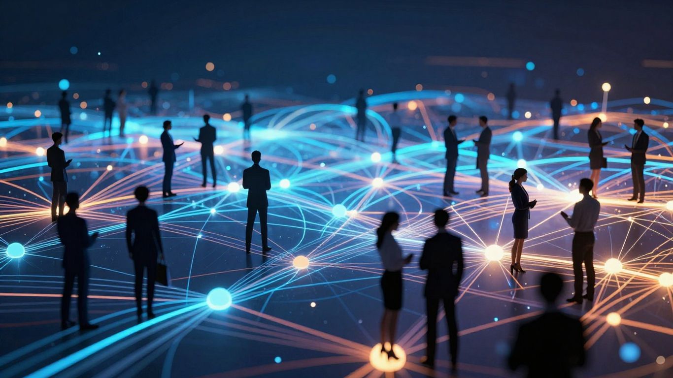 Abstract digital landscape with business professionals, growth, and connections.