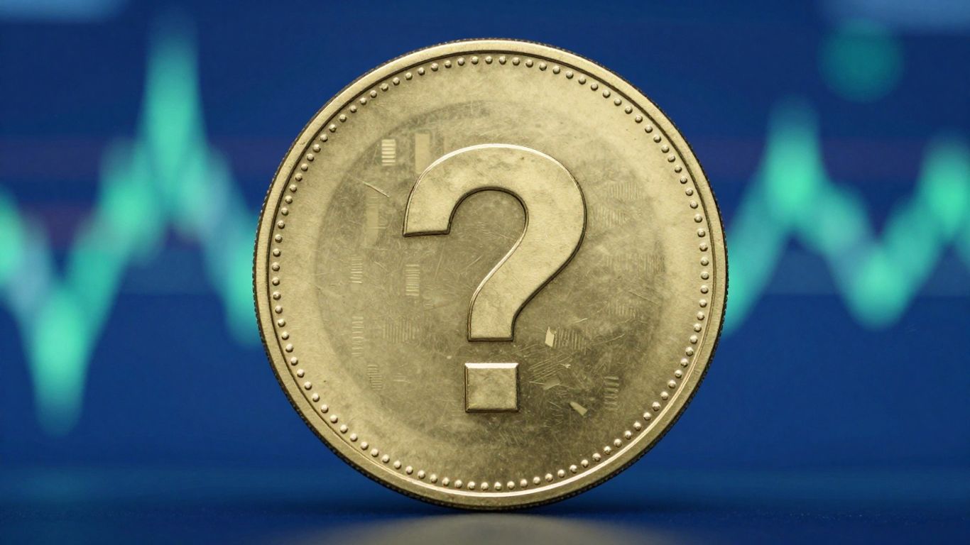 Moeda de criptomoeda com ponto de interrogação.