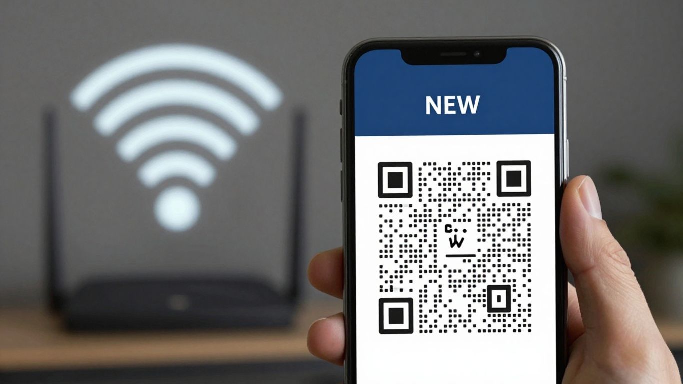 Smartphone scanning a Wi-Fi QR code.