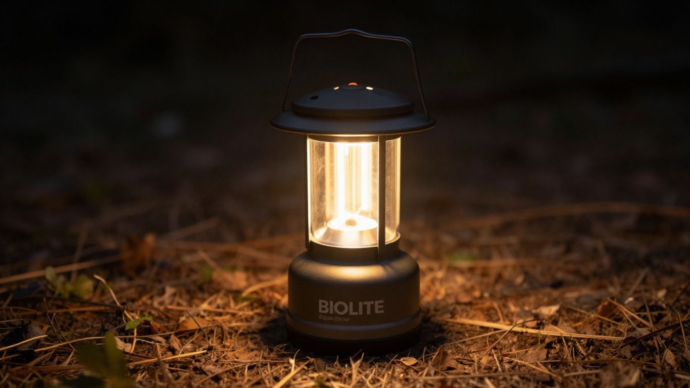 BioLite AlpenGlow 500 outdoor rechargeable lantern glowing at night.