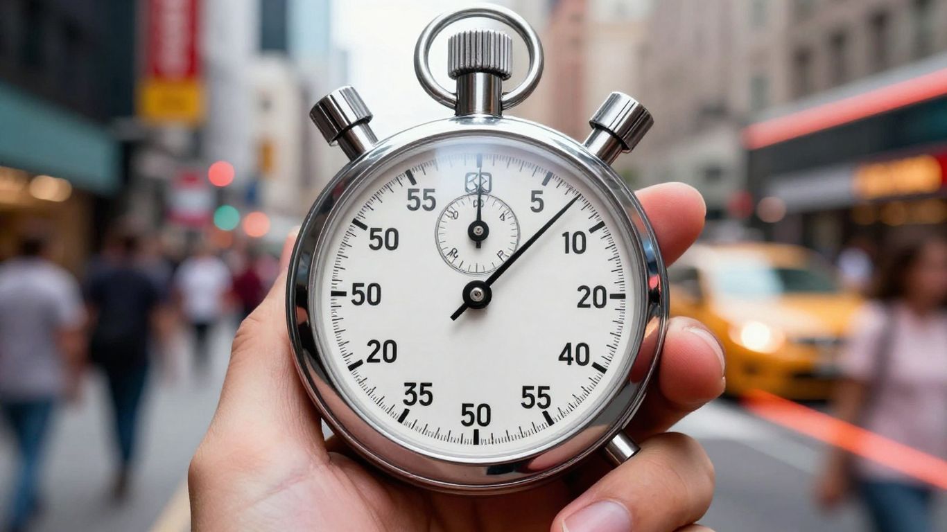 Stopwatch indicating speed and urgency in a city.