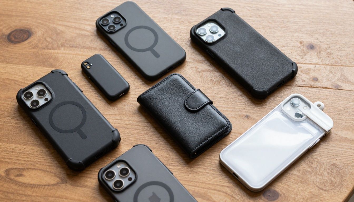 A collection of different iPhone 16 cases laid out on a wooden table, including a rugged case, a leather wallet case, and a clear waterproof pouch.