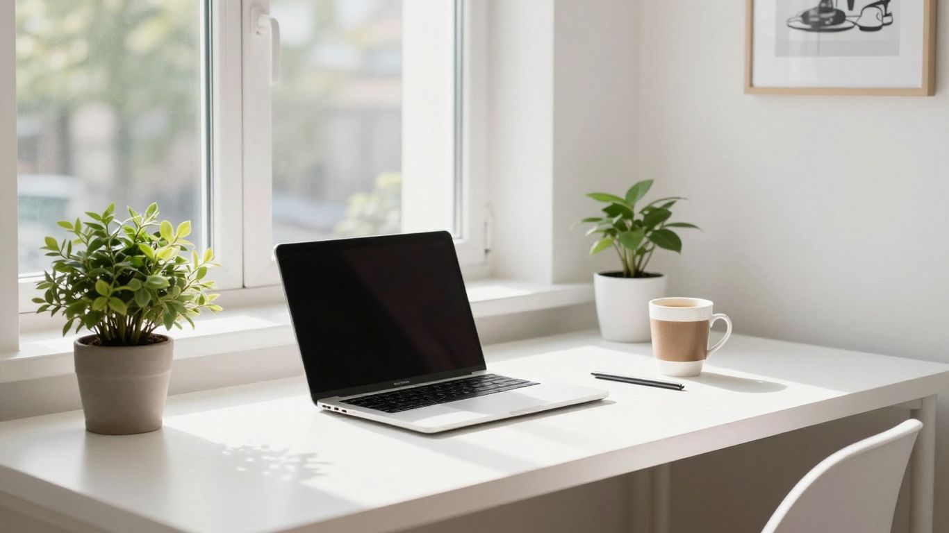 A clean minimalist workspace in a bright Berlin apartment