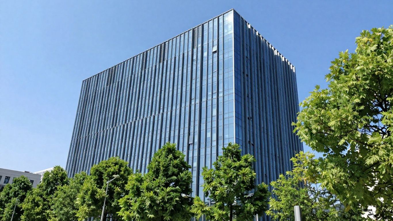 Edificio corporativo moderno con cielo azul y árboles verdes.