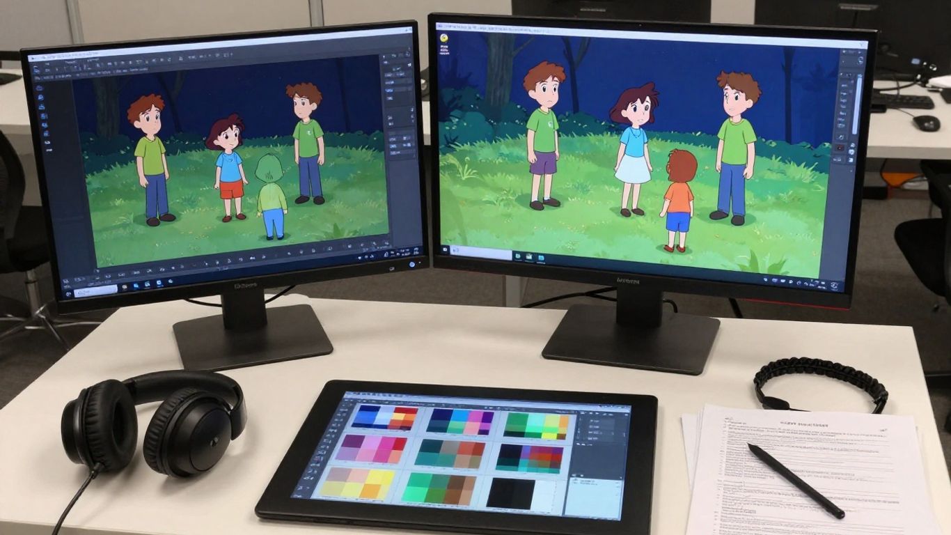 מסך עבודה עם דמויות דו ממדיות וסצנת תלת ממד