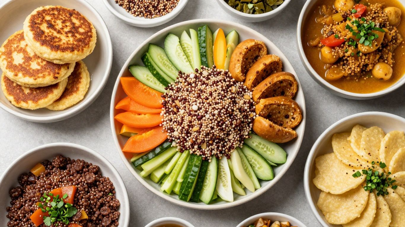 Kaniwa dishes: salad, pancakes, and stew.