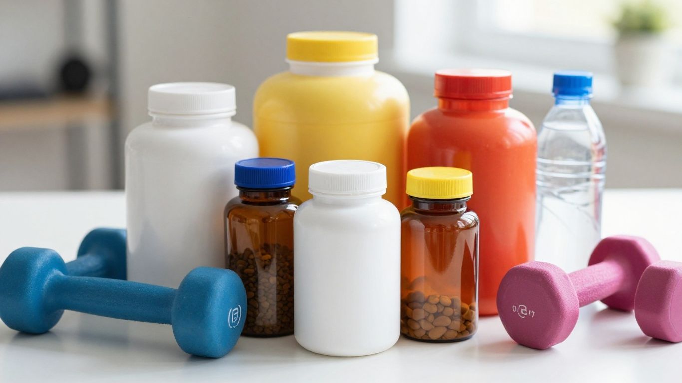Supplement bottles and fitness gear for muscle recovery.