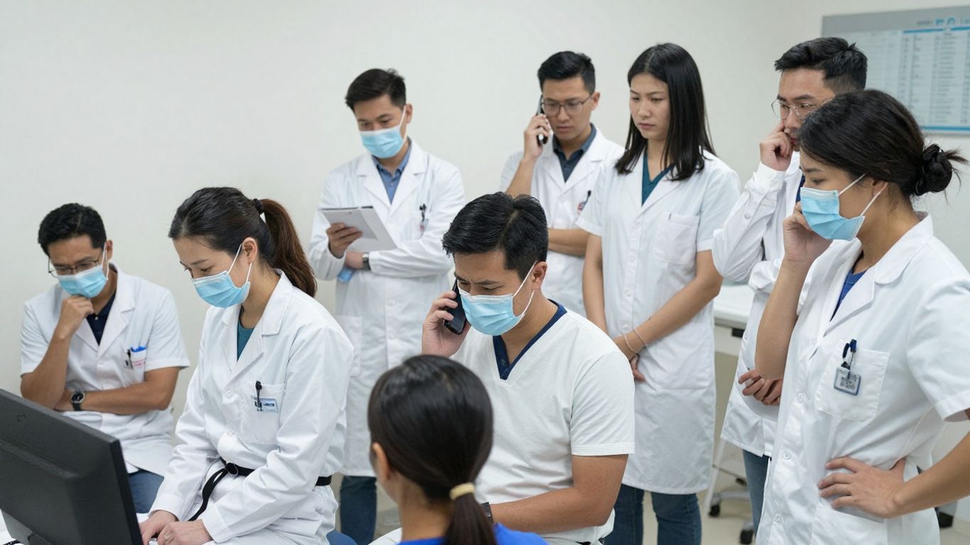 Busy dermatology clinic with diverse American patients and staff.