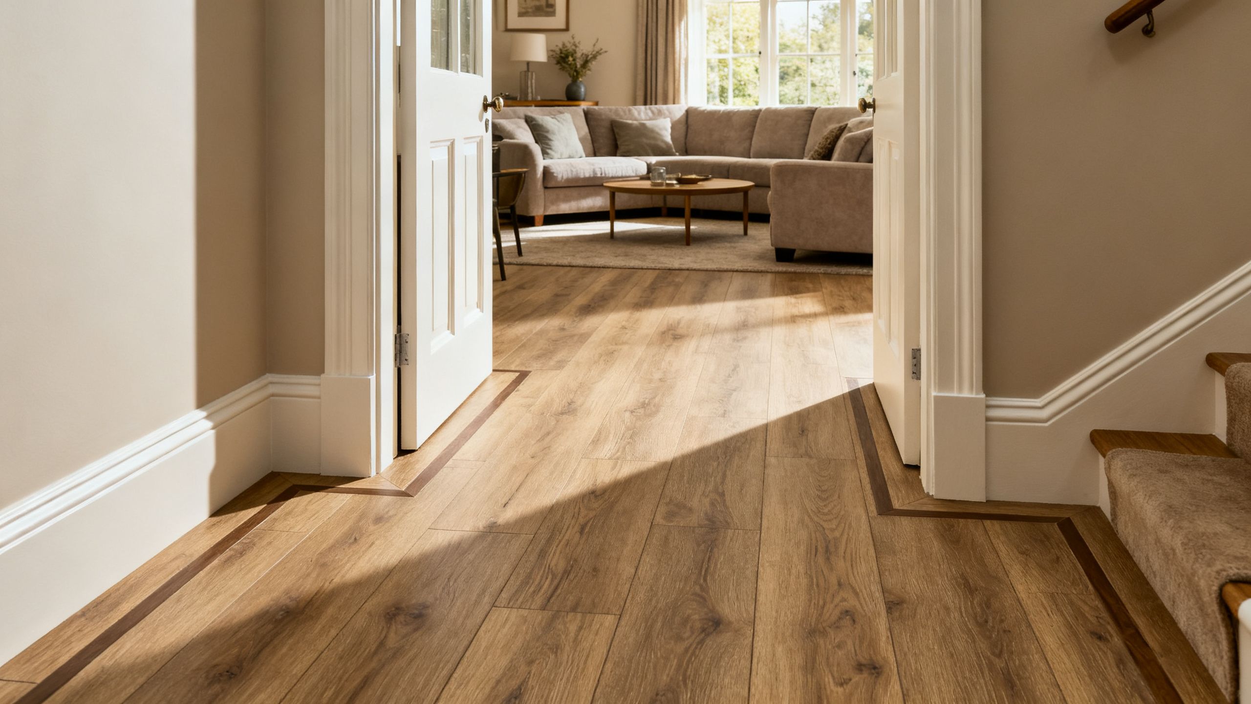 Completed Karndean wood-effect LVT flooring flowing from a Bristol hallway into a living room, with neat thresholds, natural plank variation and carefully finished skirting edges