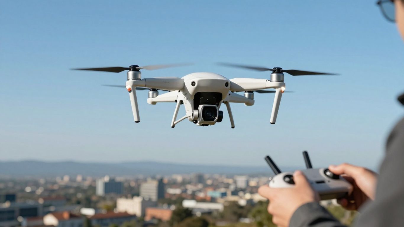 Drone flying over cityscape with pilot's hands on controller.