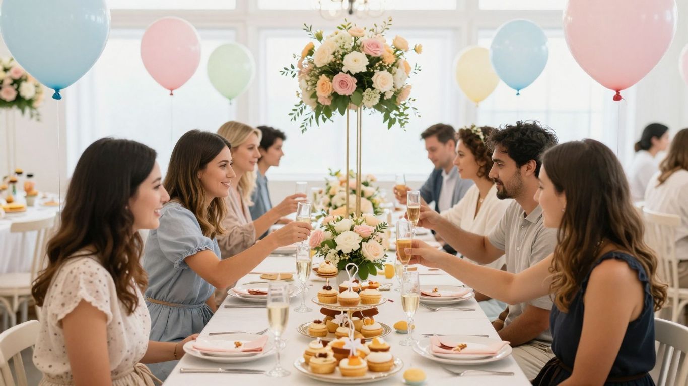 Elegant baby shower venue with balloons and pastries.