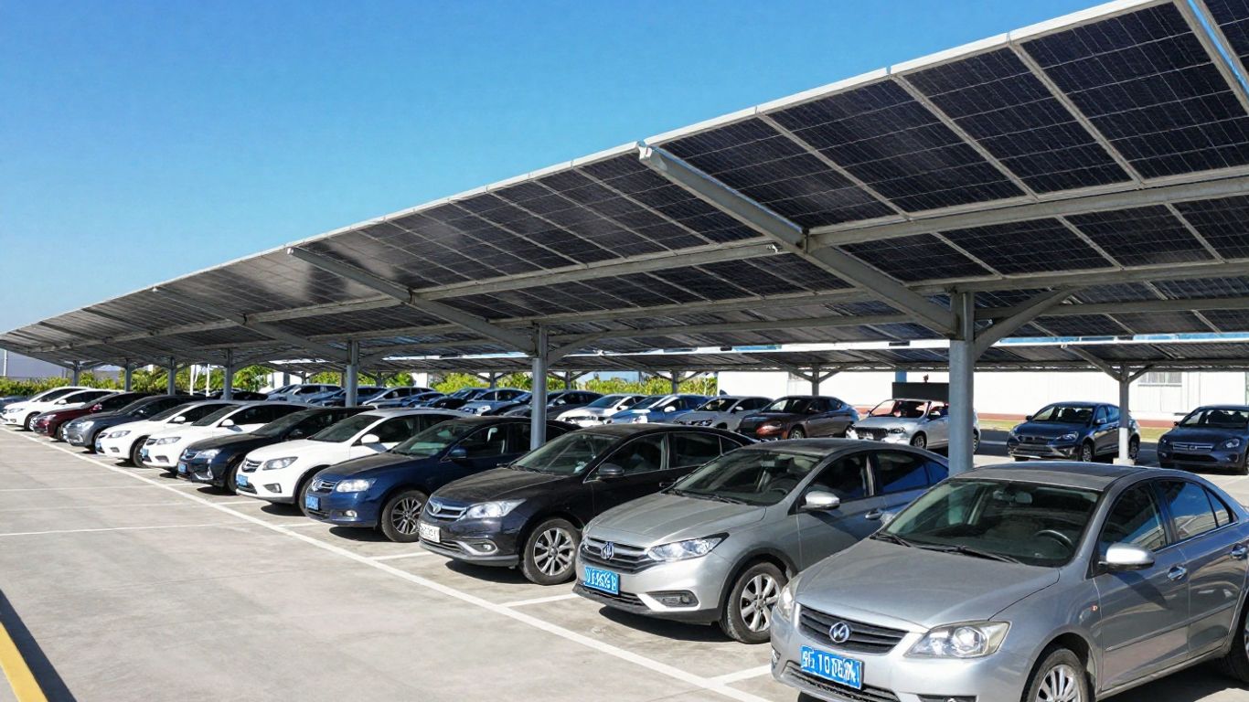 Panneaux solaires au-dessus d'un parking, produisant de l'énergie.