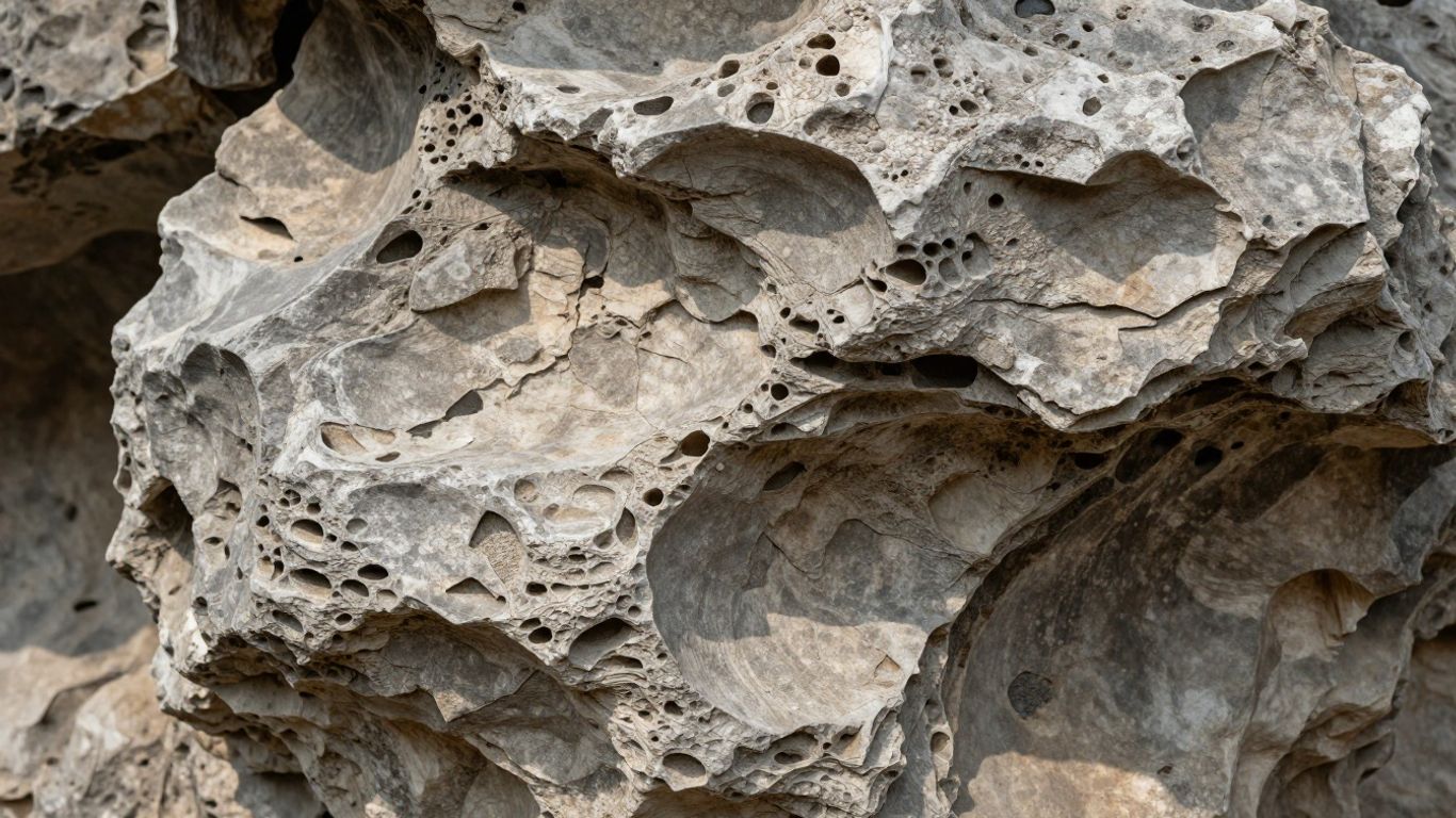 Texturas detalhadas de formações rochosas calcárias.