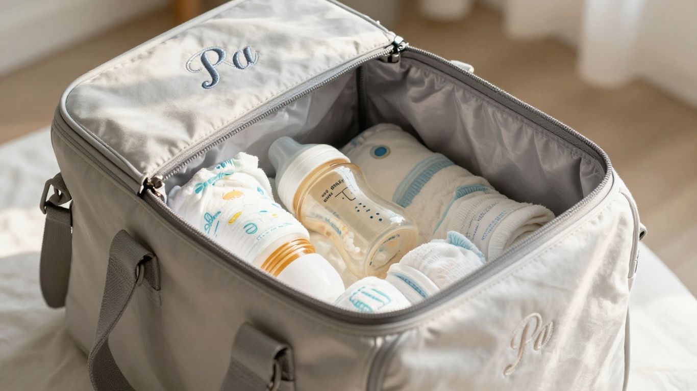 Personalized diaper bag with baby essentials inside.