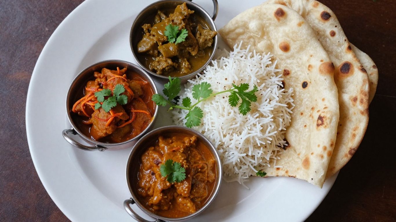 Plate of Indian food with curries, rice, and naan.