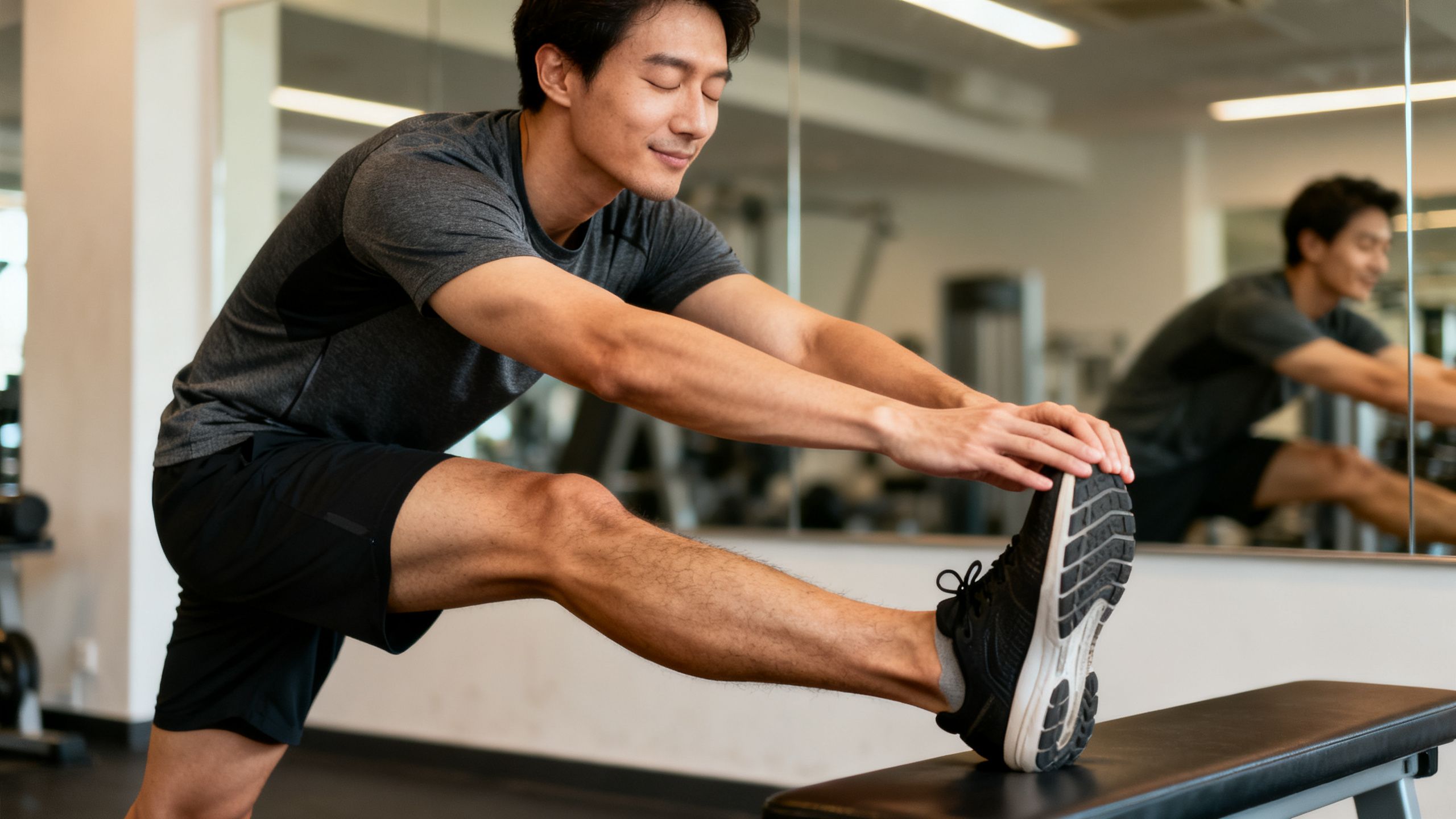 A man stretching his hamstring, looking relieved and recovered after a workout.