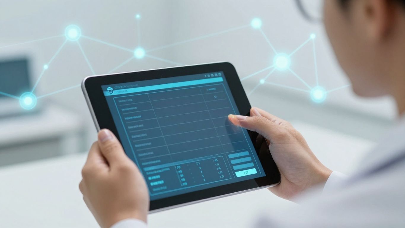 Doctor reviewing secure patient data on a tablet.