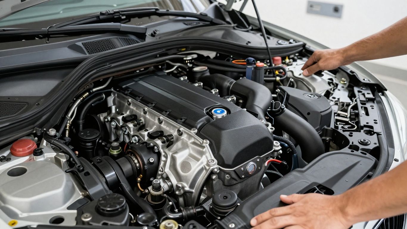 BMW 1 Series engine bay with mechanic's hands