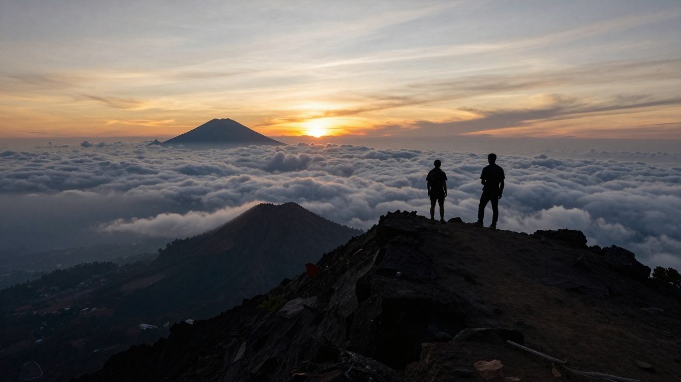 Sunrise over Mount Batur, Bali, with hikers