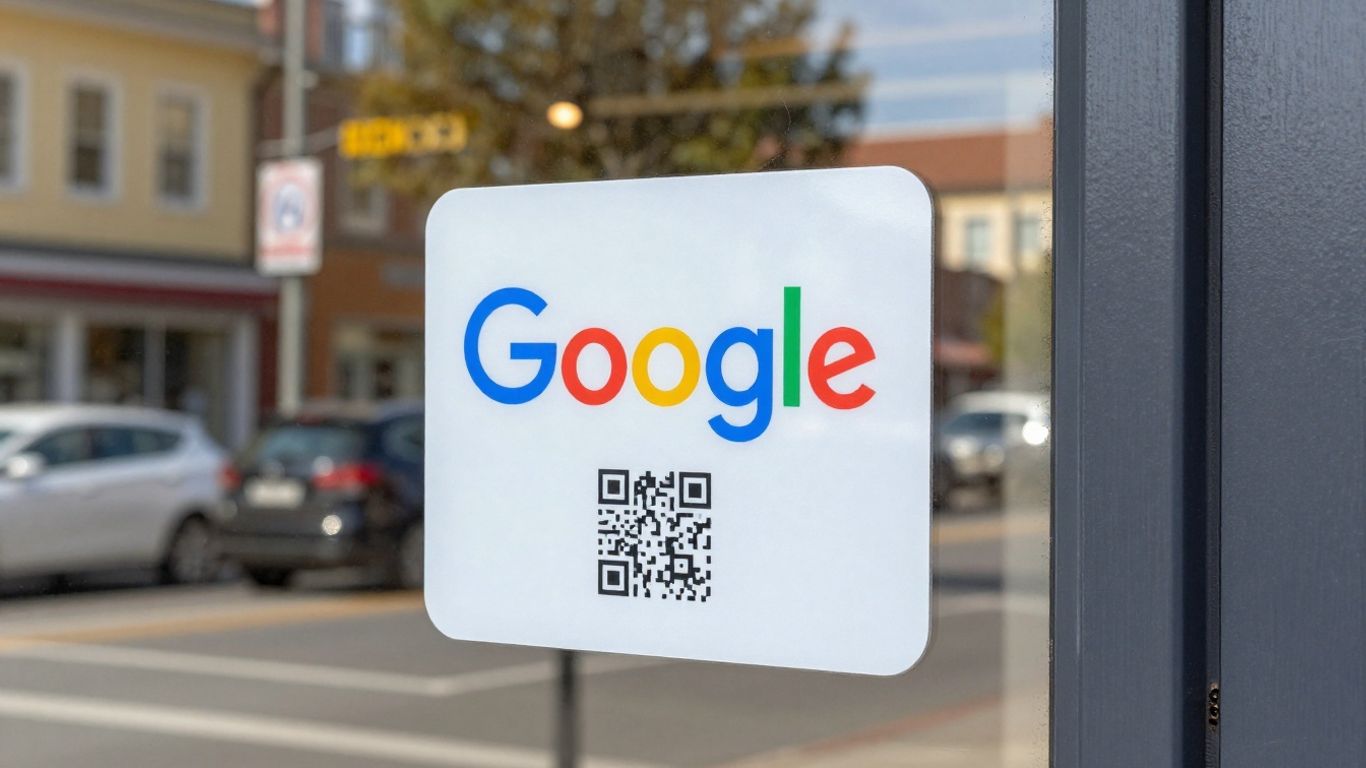 Google My Business sticker on a storefront window.