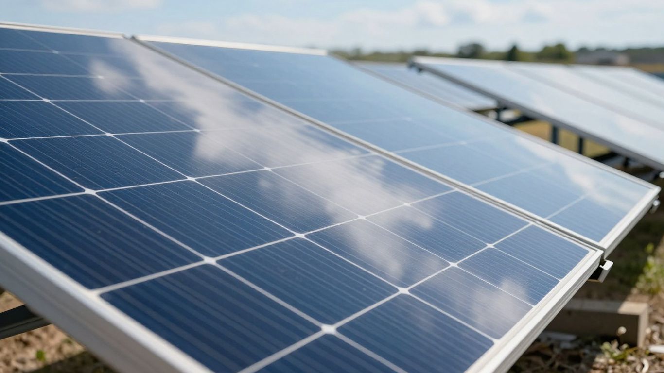 Modernes Solarmodul, das den blauen Himmel reflektiert.