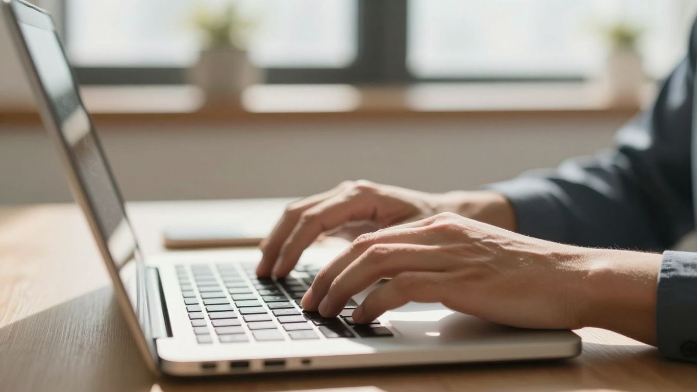 Hands typing on a laptop keyboard for cold emailing.