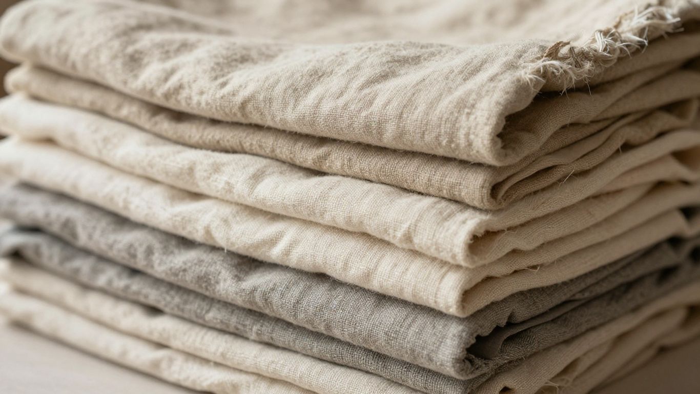 Stack of natural linen clothing in earthy tones.