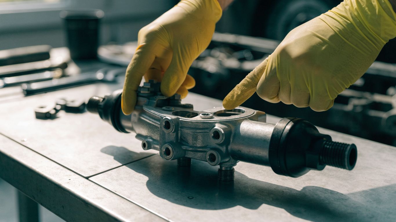Used Audi steering rack prepared for careful inspection