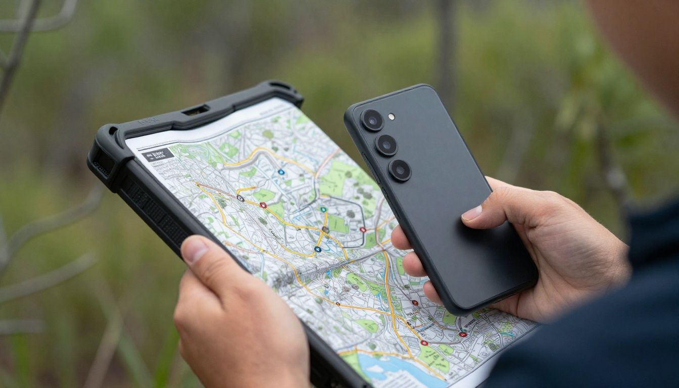 A person on a bushwalk in Australia, holding a Galaxy S25 in a rugged case to check a map.