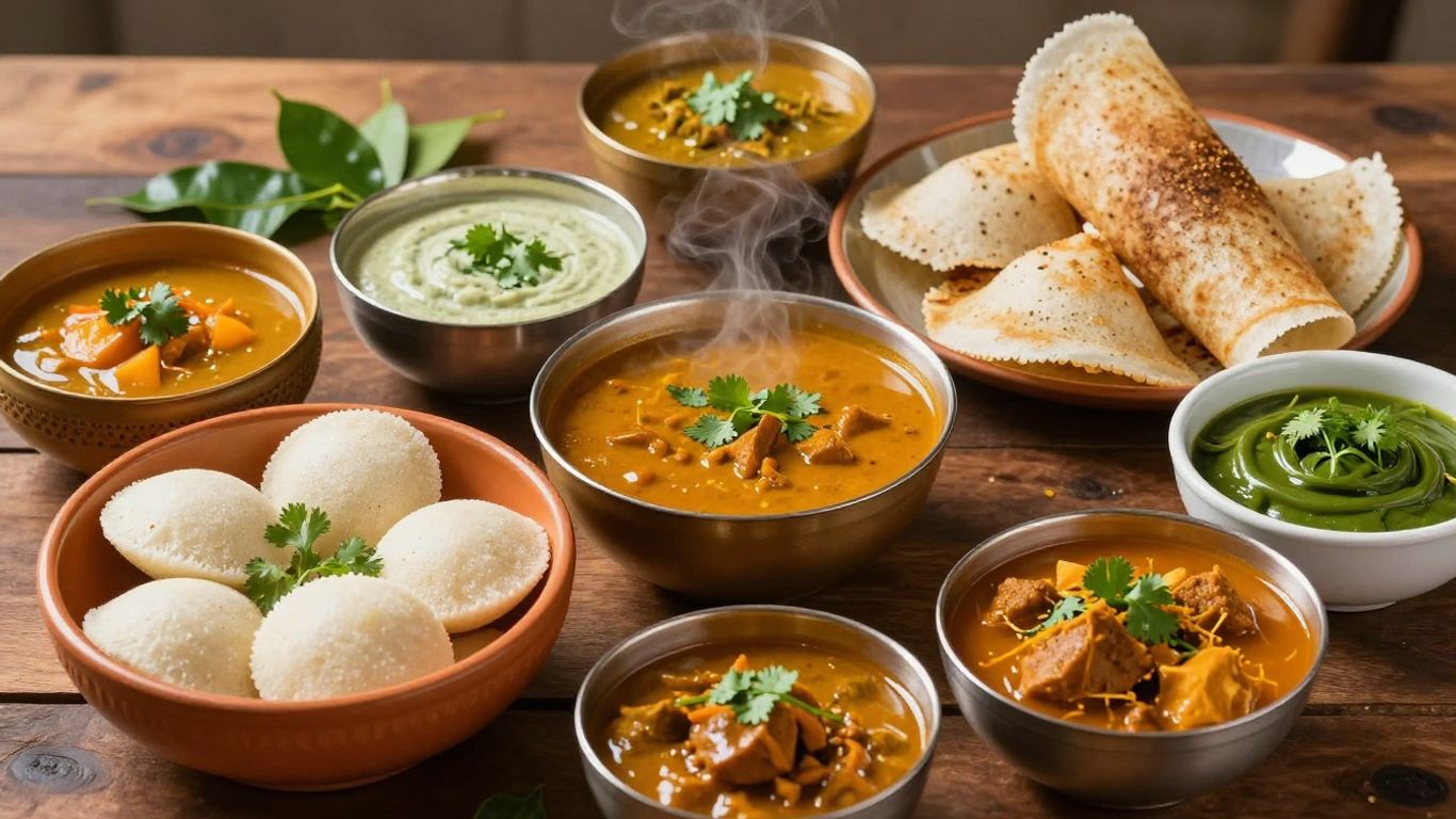 Assortment of South Indian vegetarian dishes with idli and dosa.