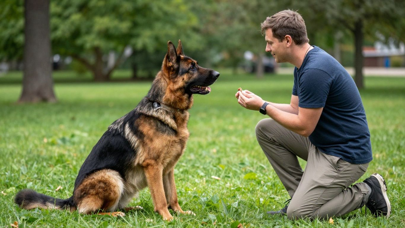 Dog training session with a German Shepherd and trainer.