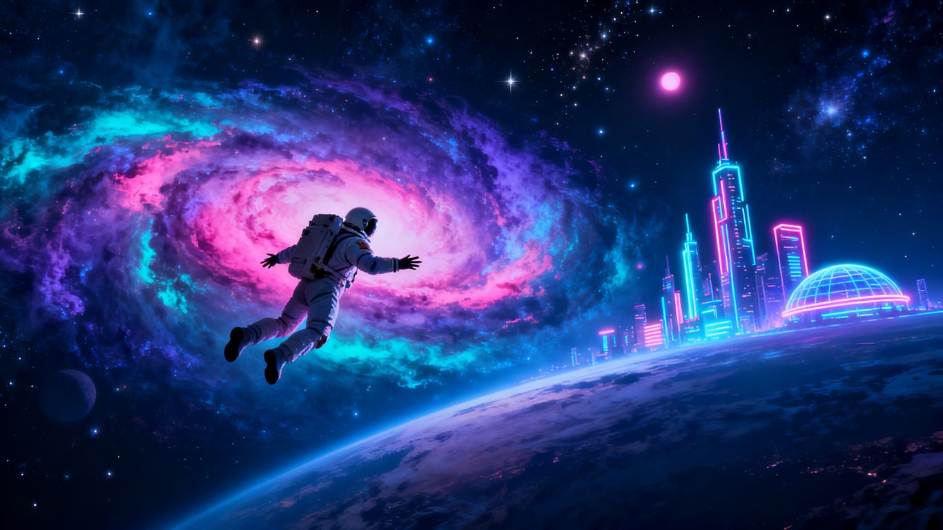 Cosmic landscape with astronaut and futuristic cityscape.