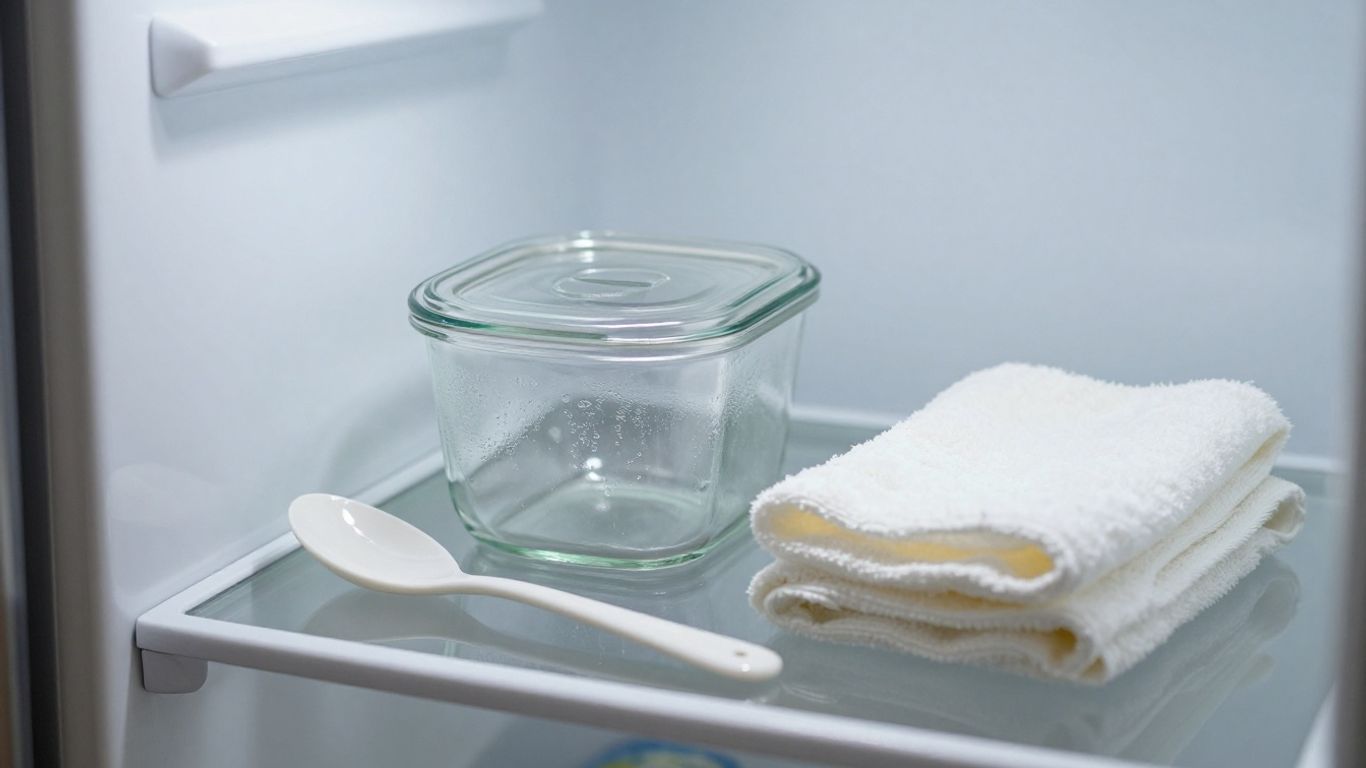Small sealed container beside refrigerator shelf