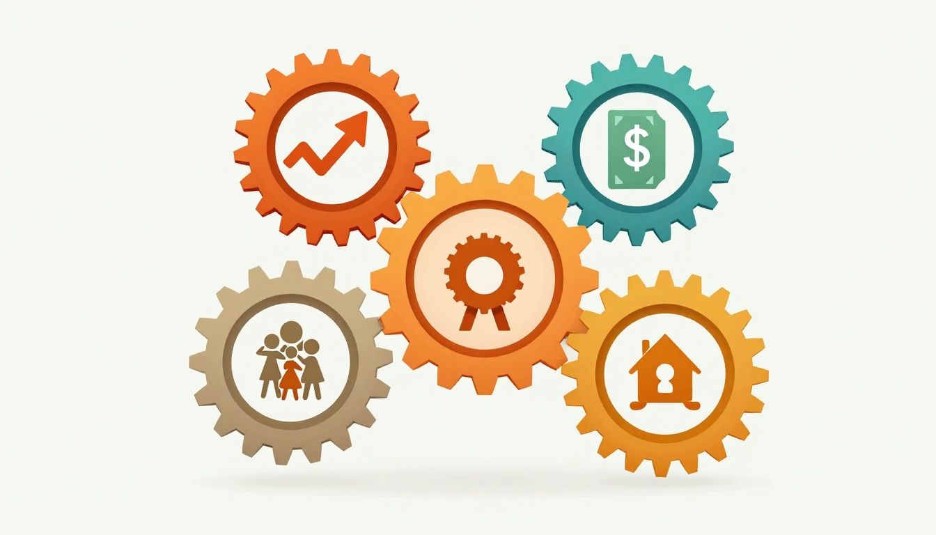 A modern, high-quality digital illustration featuring five interconnected, vibrant gears representing work, family, health, money, and personal growth, symbolizing the beauty of intentional life integration rather than forced balance.