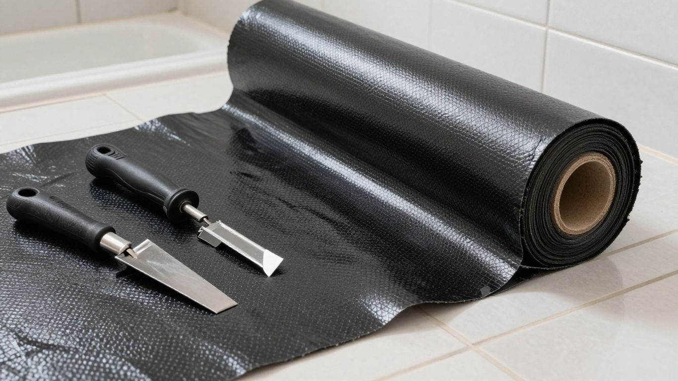 Bathroom waterproof membrane roll and tools on floor.