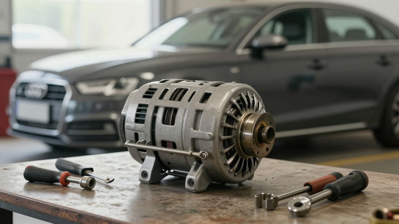 Audi alternator beside tools and replacement parts