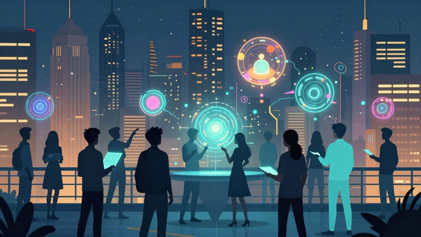 Futuristic cityscape with people interacting with AI interfaces.