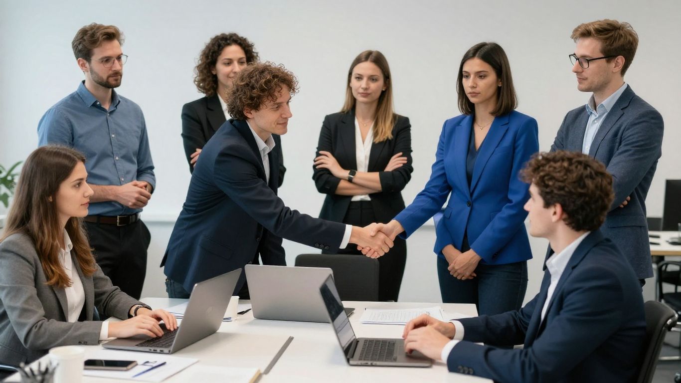 Menschen mit und ohne Behinderung arbeiten erfolgreich zusammen im Büro.