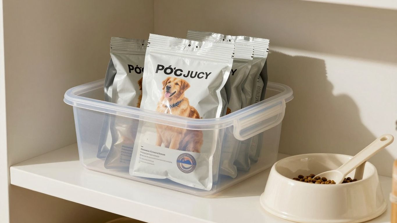 Sac de croquettes rangé dans une boîte hermétique