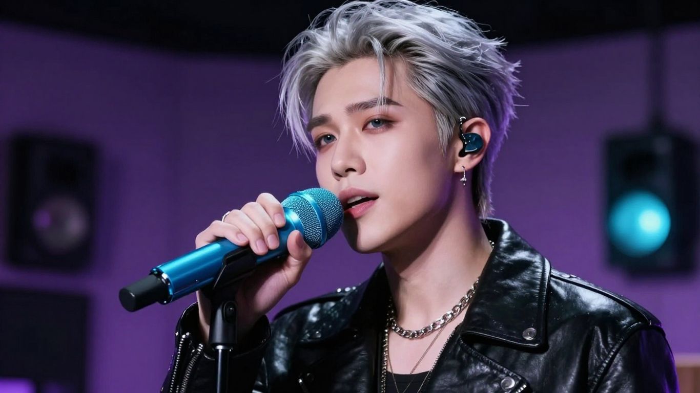 Character singing into neon microphone