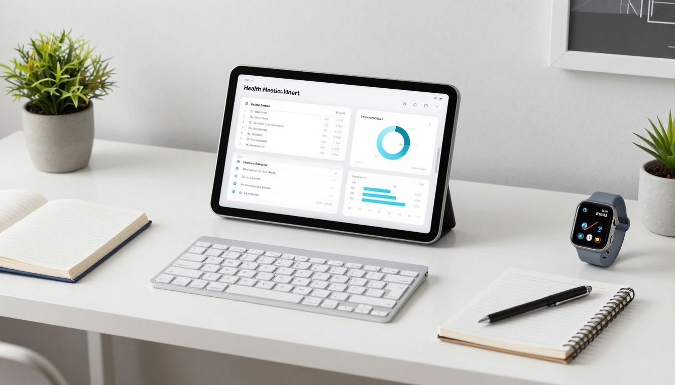 A modern, bright home office desk featuring a clean tablet with health metrics and hormone tracking charts, a high-performance fitness watch, and a neatly organized notebook, representing a data-driven approach to wellness and biohacking.