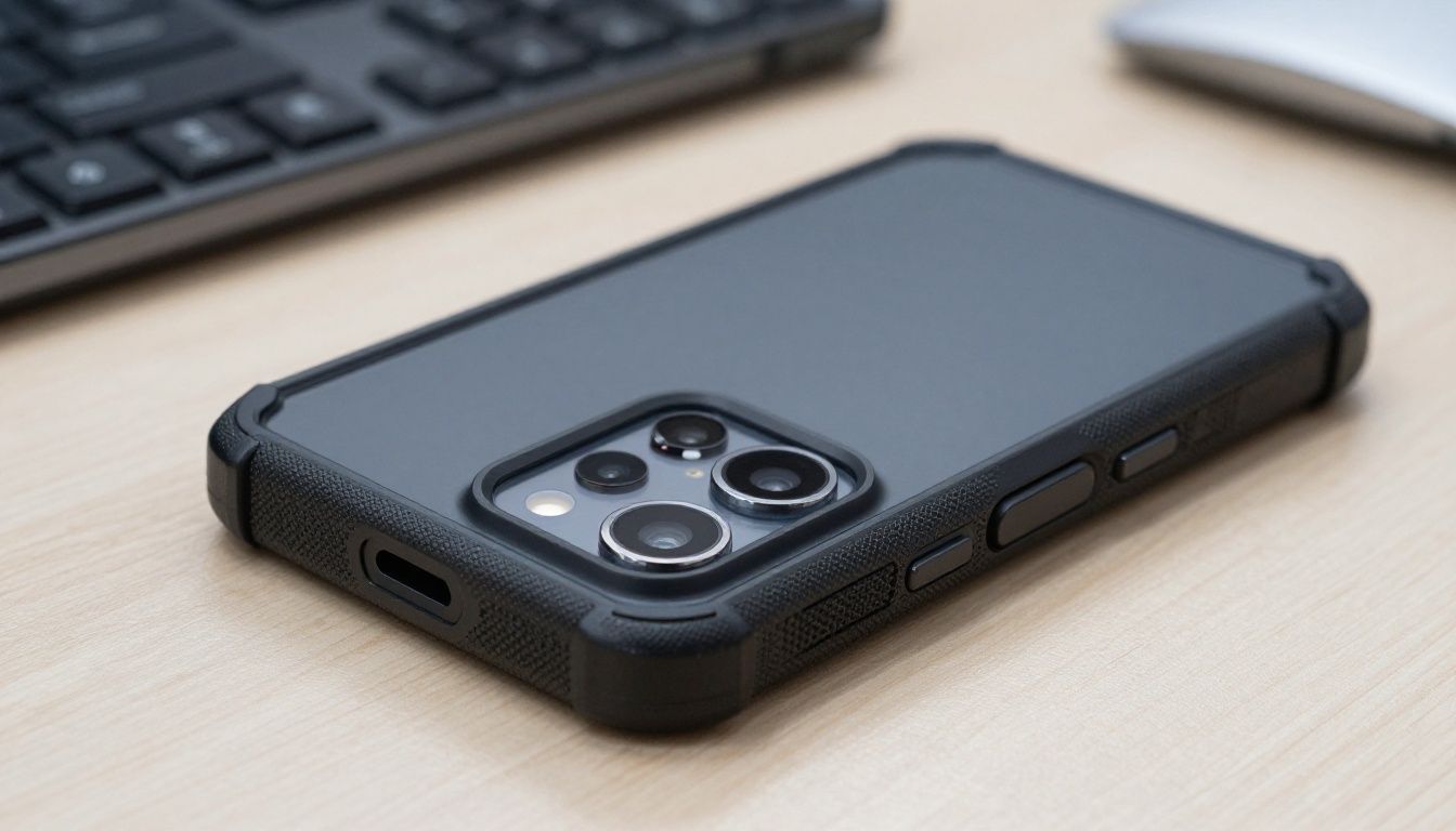 A close-up shot of a Galaxy S25 FE in a heavy-duty case resting on a workbench, showing the textured grip and reinforced corners.