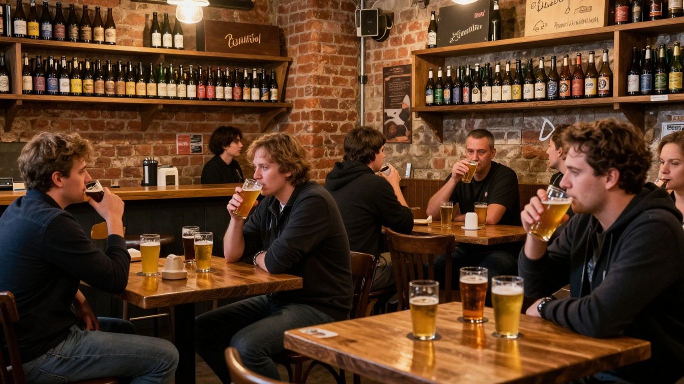 Paris craft beer bar interior with people and drinks