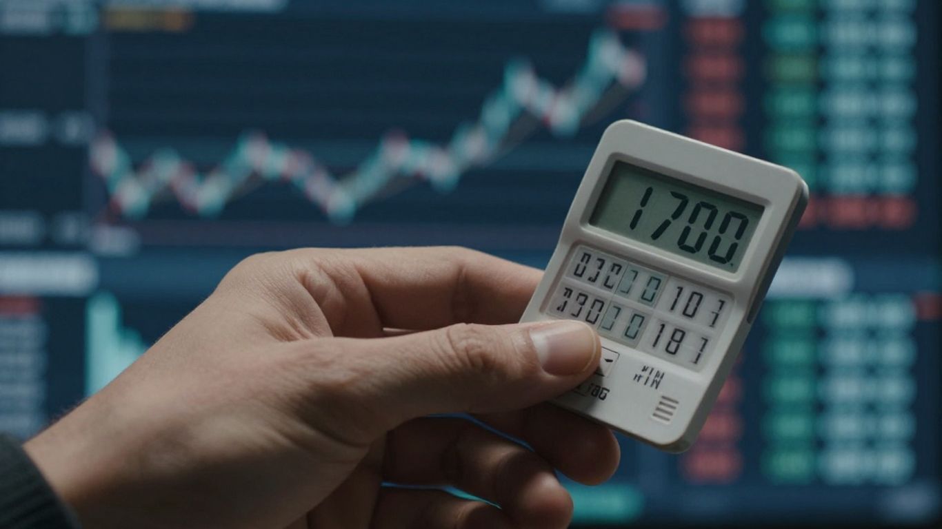 Hand holding stock ticker, financial trading concept.