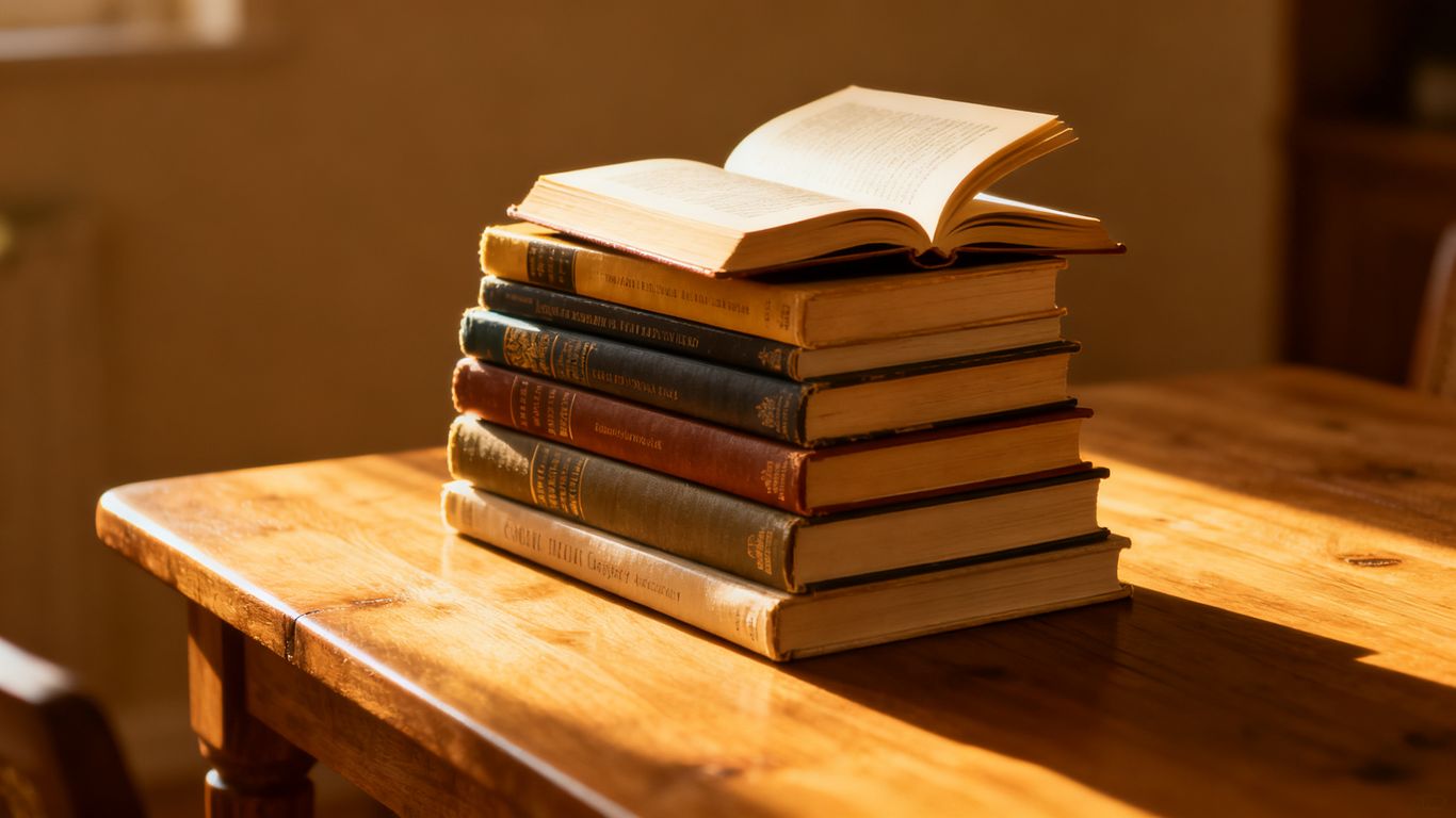 Stack of seven books on a wooden table with sunlight.