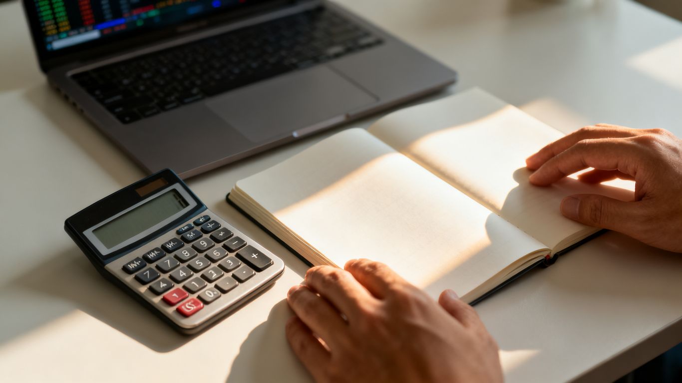 Un cahier à côté d'une calculatrice et d'un écran de trading