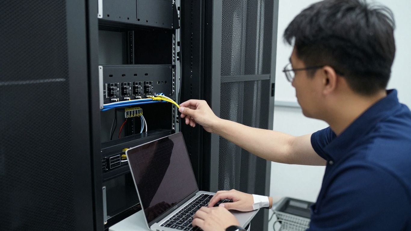 IT technician reviewing a small business server room