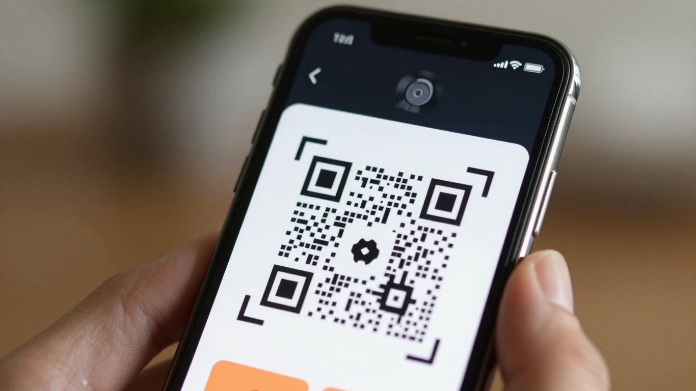 iPhone camera scanning a QR code on its screen.