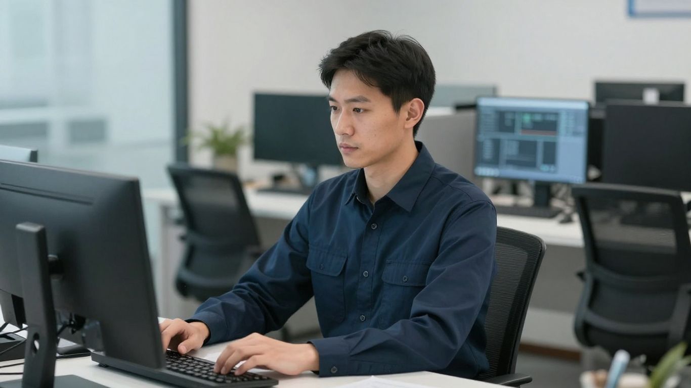 IT technician working on a computer in an office.