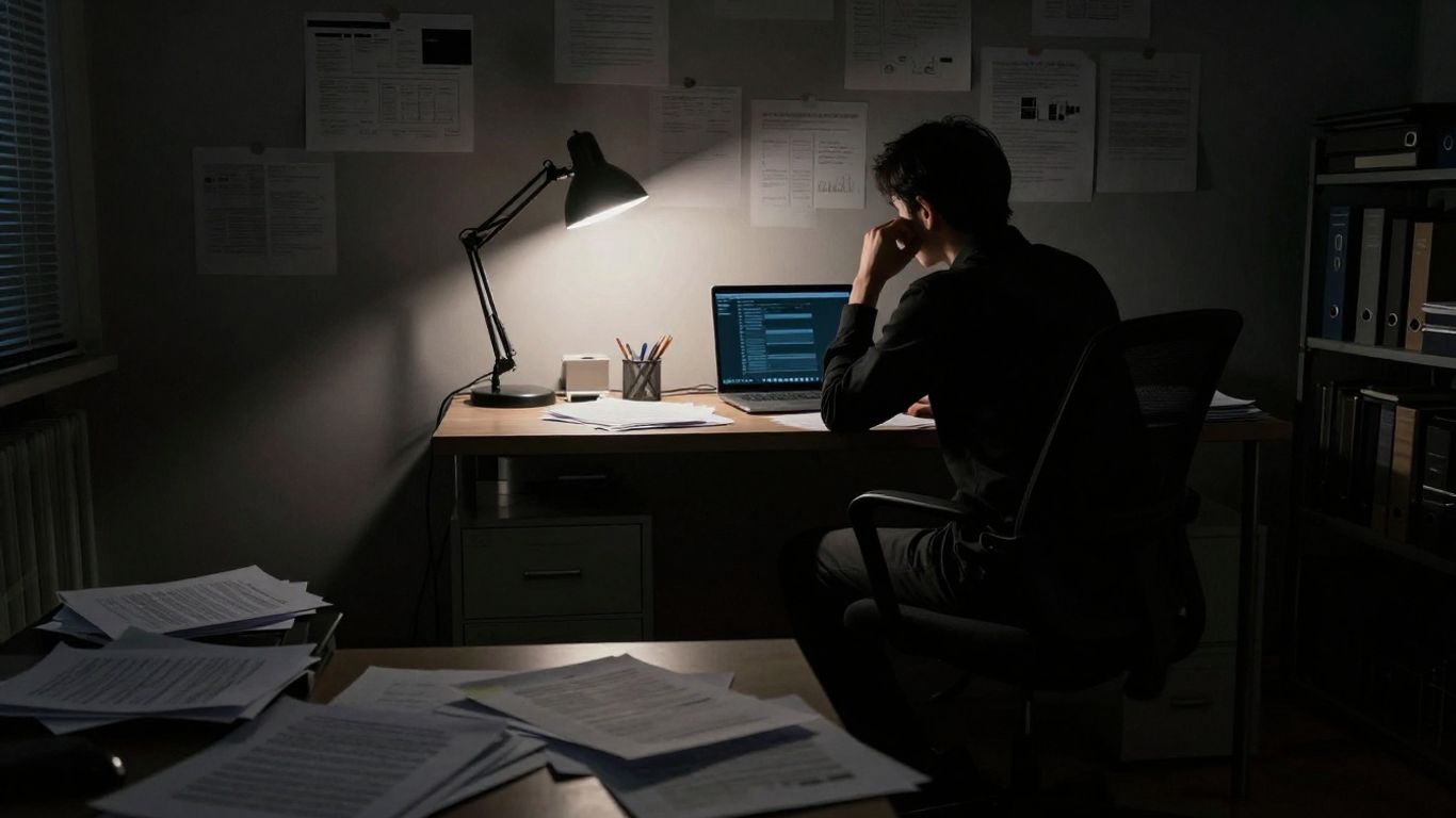 Office with scattered papers and a concerned silhouette.